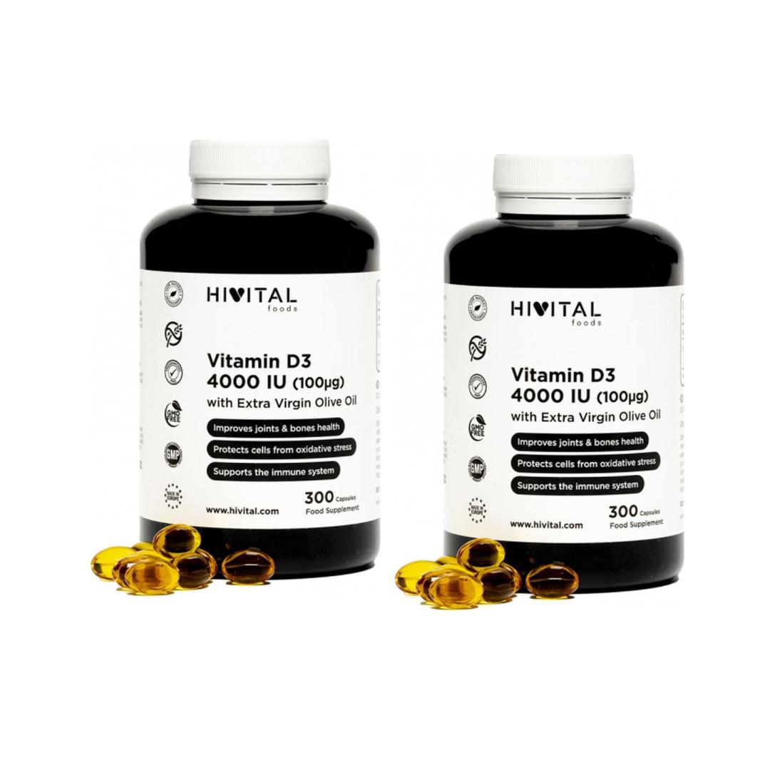 Embalagem 2x Vitamina D3 4000 UI Natural Hivital 300 pérolas