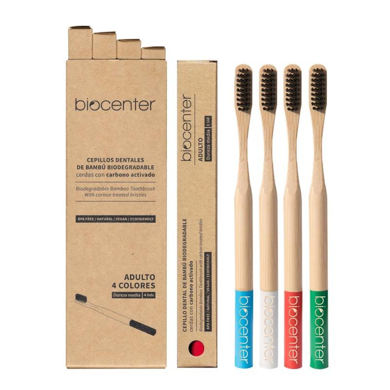 Pack cepillos de dientes bambú y carbón activado adulto - 4 colores variados ECOFRIENDLY