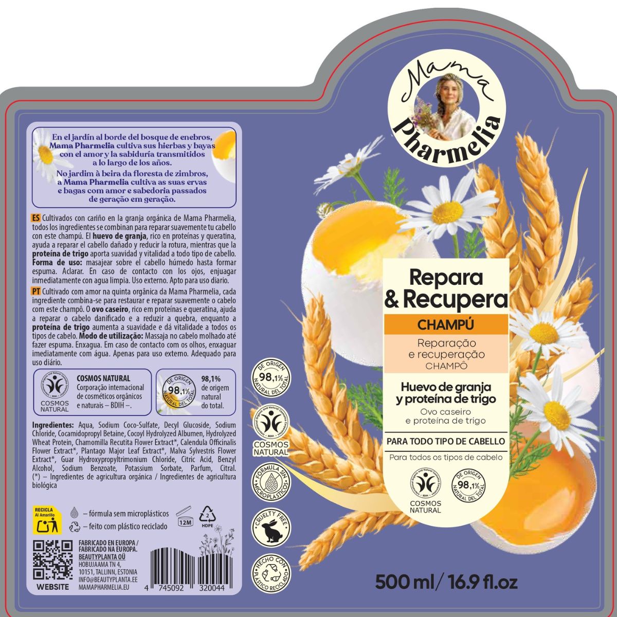 Champú Repara y Recupera con Huevo de Granja y Proteína de Trigo, Mama Pharmelia, 500 ml