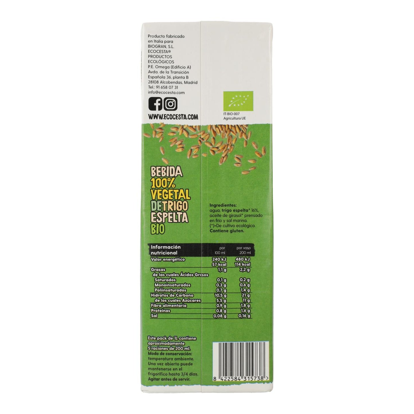 Bebida Vegetal de Trigo Espelta Biológico Ecocesta 1L