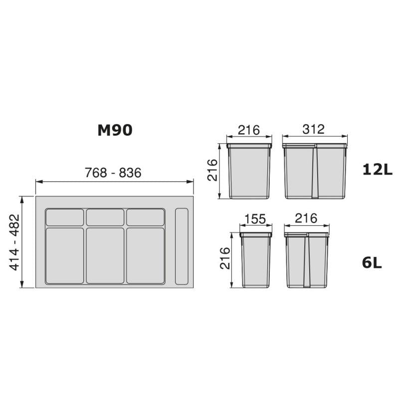 Emuca Contenedores de reciclaje, 12 L + 12 L + 6 L + 6 L, módulo 900 mm, Plástico, Gris antracita, 4 ud. + Base