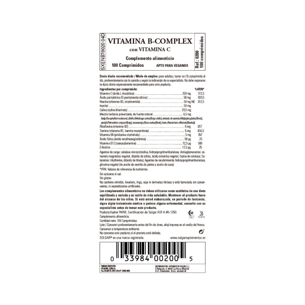 Complexo de vitamina B com vitamina C Solgar 100 comprimidos