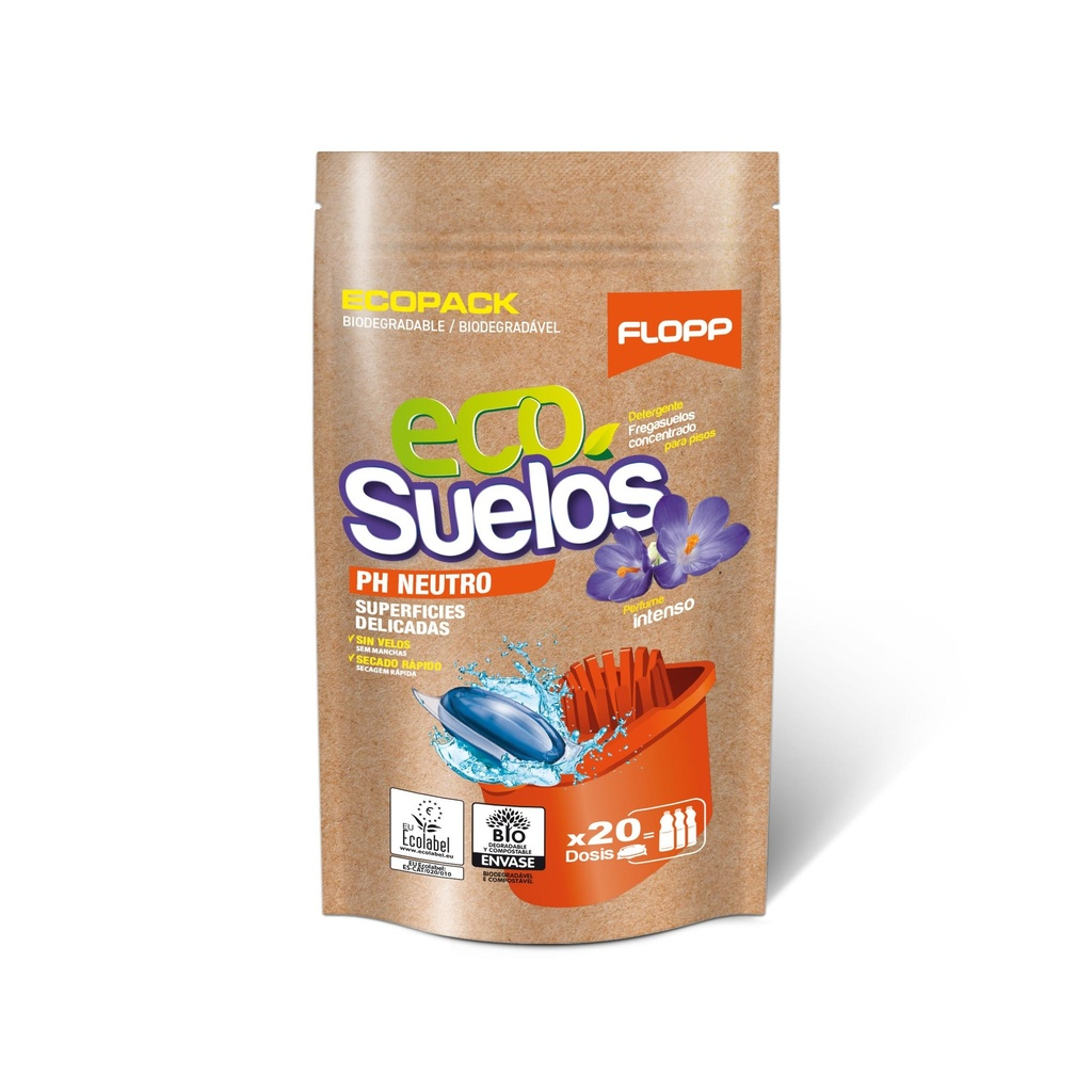 Produto de limpeza de pavimentos ECO pH neutro, embalagem doypack, Flopp, 20 cápsulas