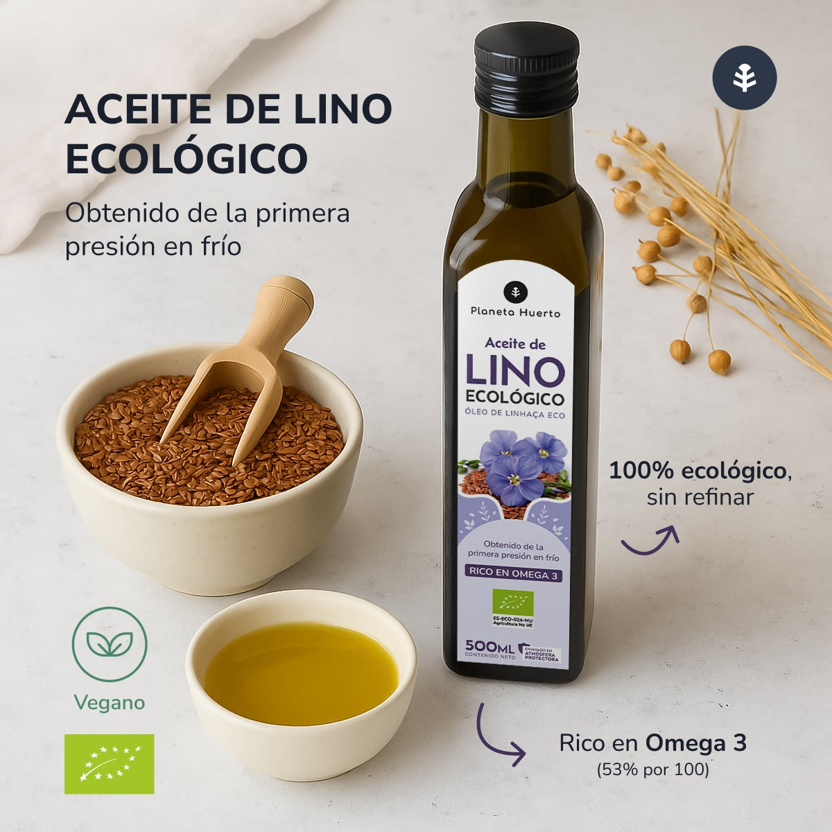 Óleo de Linhaça Prensado a Frio Planeta Huerto ECO 500 ml