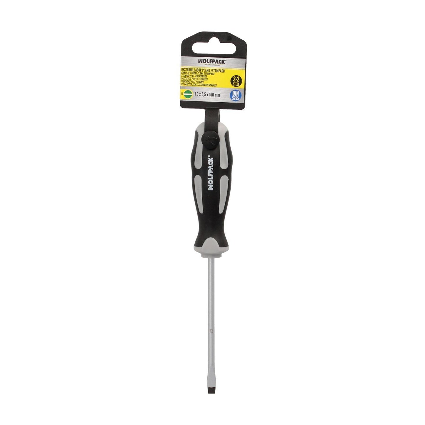 Destornillador Plano Estampado Acero S2 Mango Tpr Bimaterial. Medida 1,0 X Ø 5,5 X 100 Mm.  Din5265