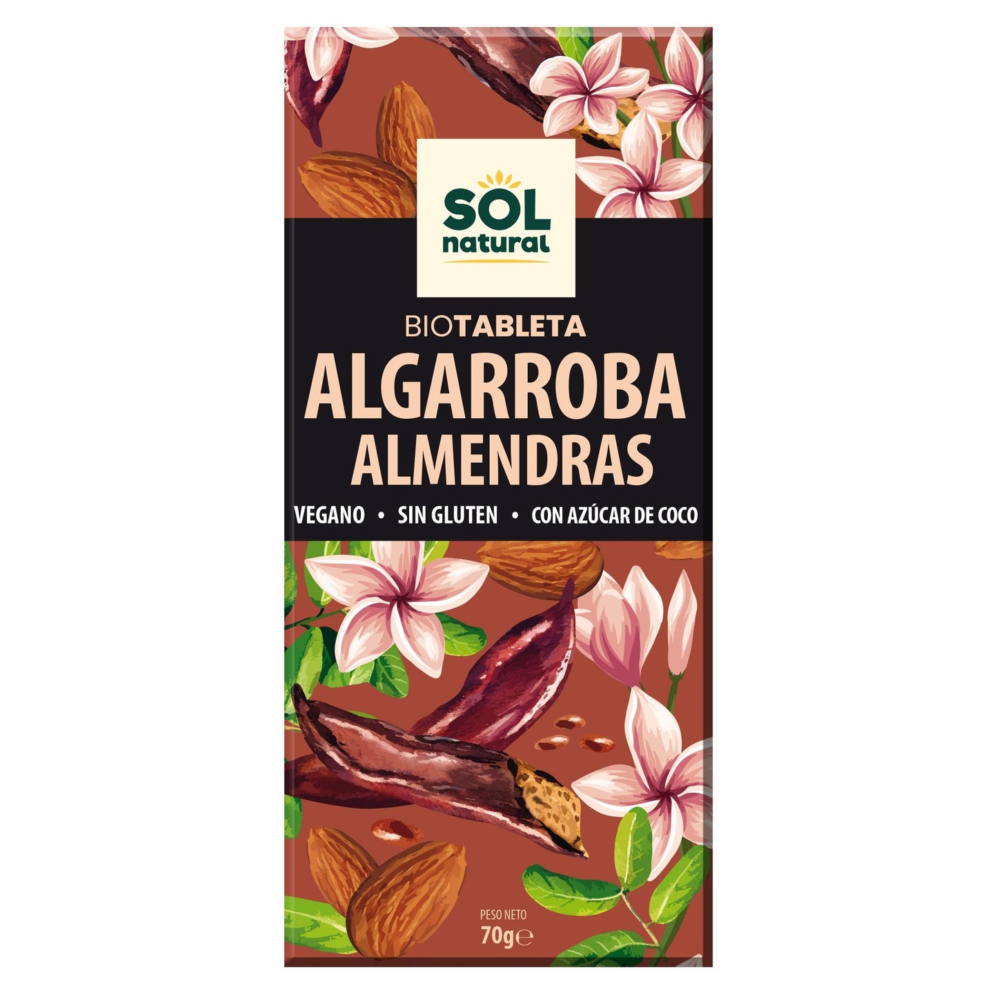 Chocolate de Alfarroba Vegan Biológico Sol Natural com Amêndoas 70g