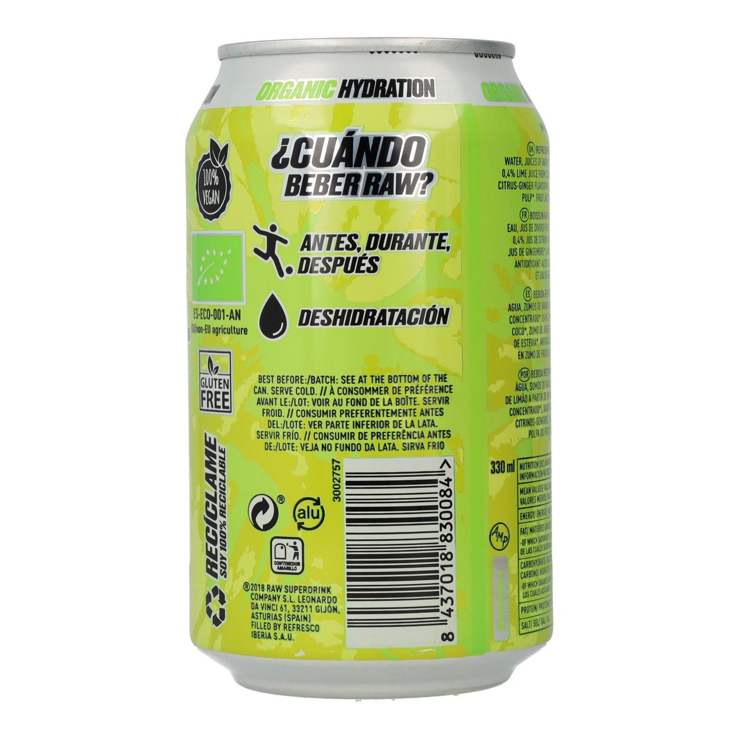 Bebida Isotónica Biológica RAW Sabor a Lima e Limão Lata 330 ml