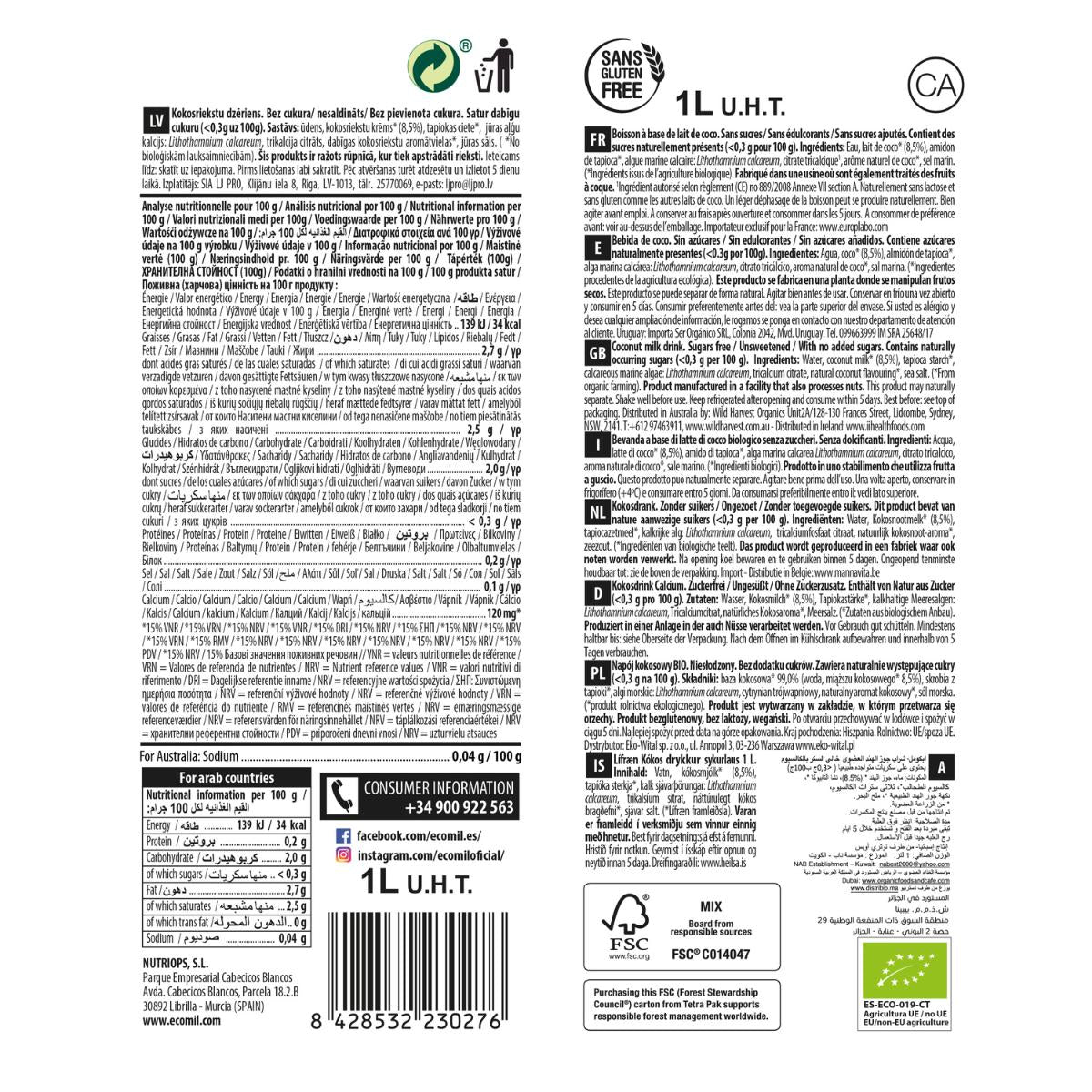 Bebida de coco com cálcio sem açúcar Ecomil 1L