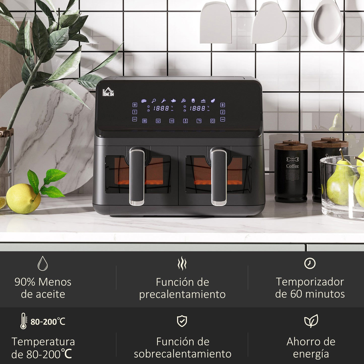 Homcom Freidora Sin Aceite Doble 8l 2500w Con 8 Programas 38,5x38x30,5 Cm Negro_5