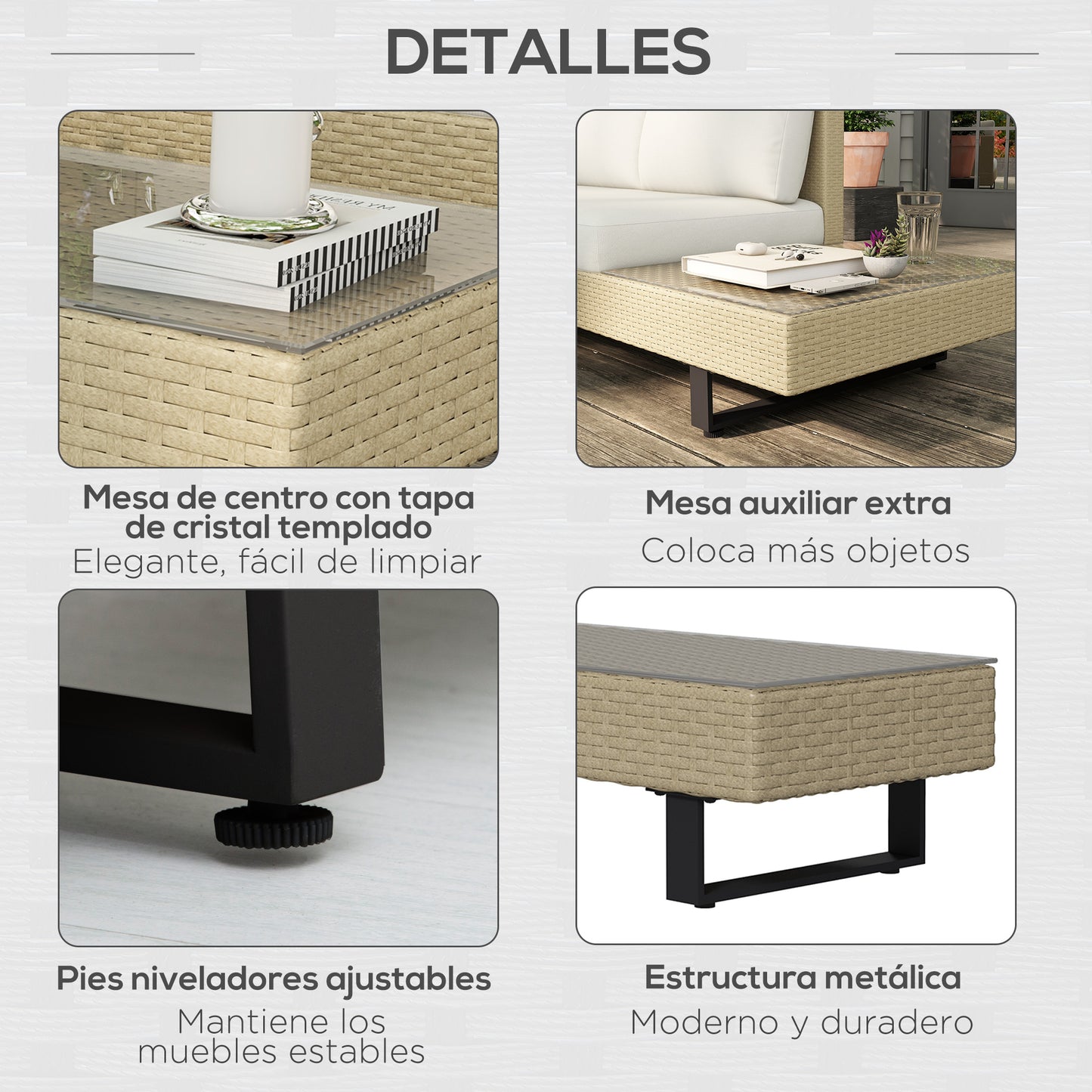 Outsunny Conjunto De Muebles Set De Sofás Ratán 3 Piezas Cojines Extraíbles_5