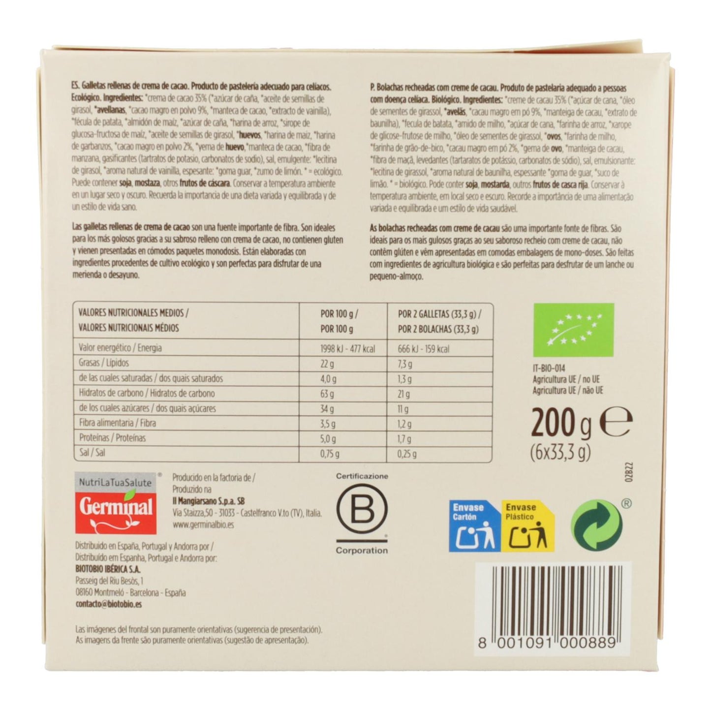 Bolachas sem glúten recheadas com creme de cacau Germinal Bio, 200 gr