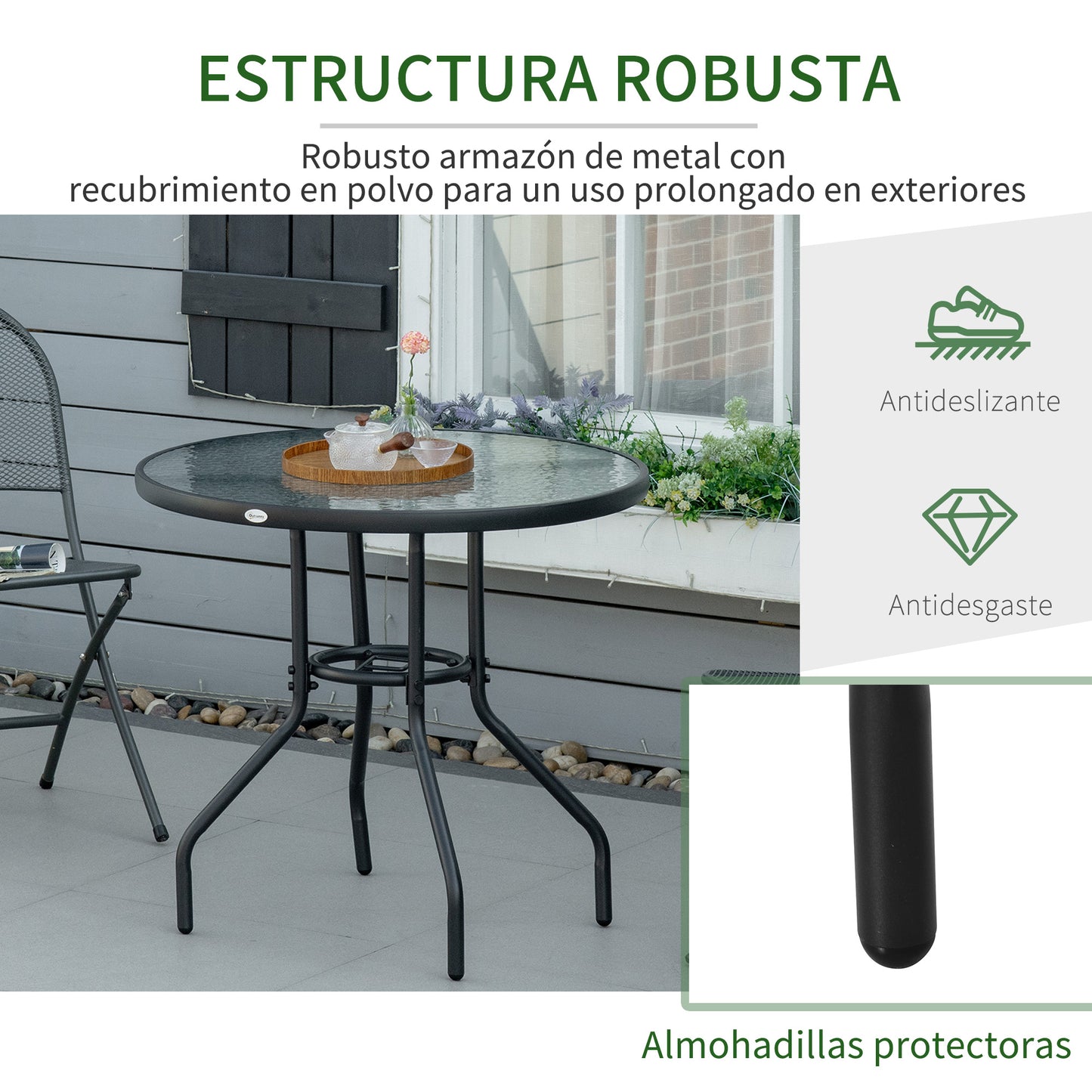 Outsunny Mesa De Jardín Redonda Ø80x72 Cm Con Agujero Para Sombrilla Negro_5