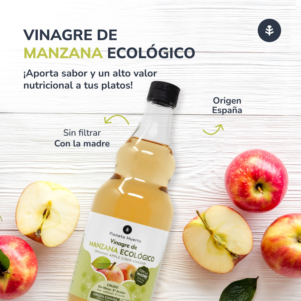 Vinagre de maçã cru biológico não filtrado com a mãe Planeta Huerto 1L