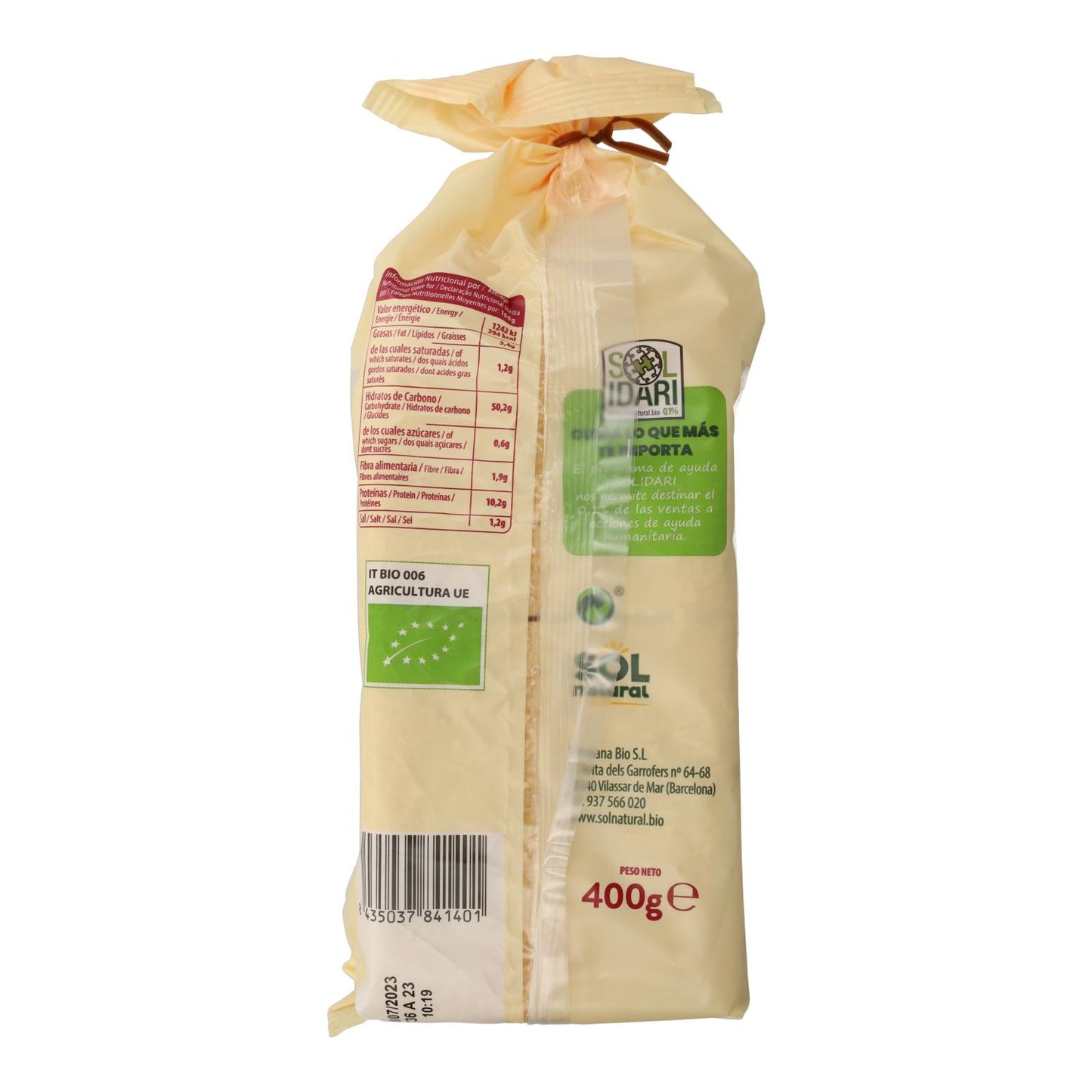 Pão de espelta macio biológico, recipiente Sol Natural, 400 g