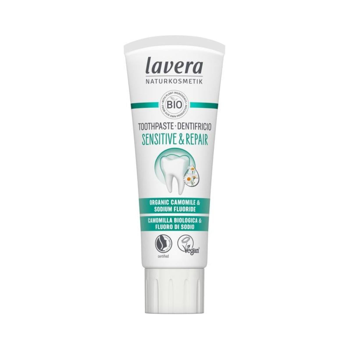 Pasta de dentes e reparador para dentes sensíveis - Camomila orgânica e fluoreto de sódio, Lavera 75 ml