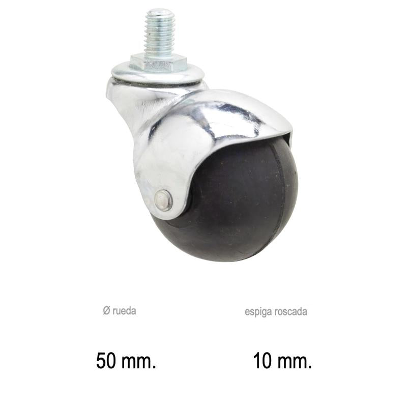 Rueda Domestica Goma Negra Esfera Espiga M10x50 Mm.