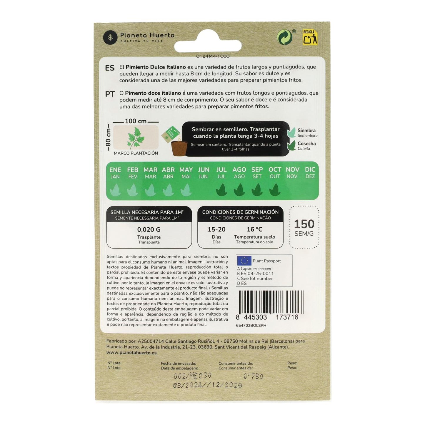 Sementes orgânicas de pimento doce italiano da Planeta Huerto