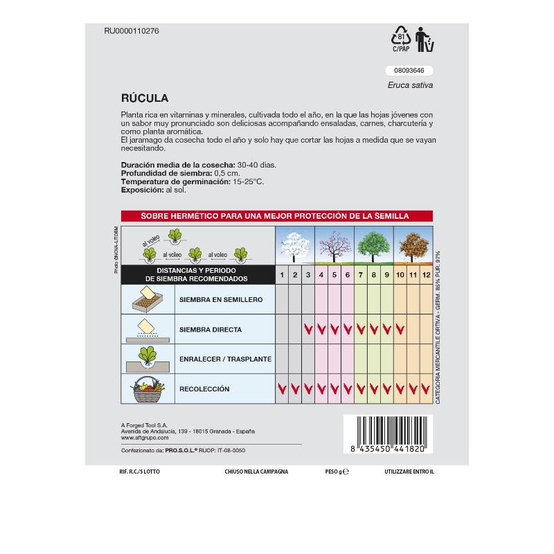 Semillas Rucula (9 Gramos) Semillas Verduras, Horticultura, Horticola, Semillas Huerto.