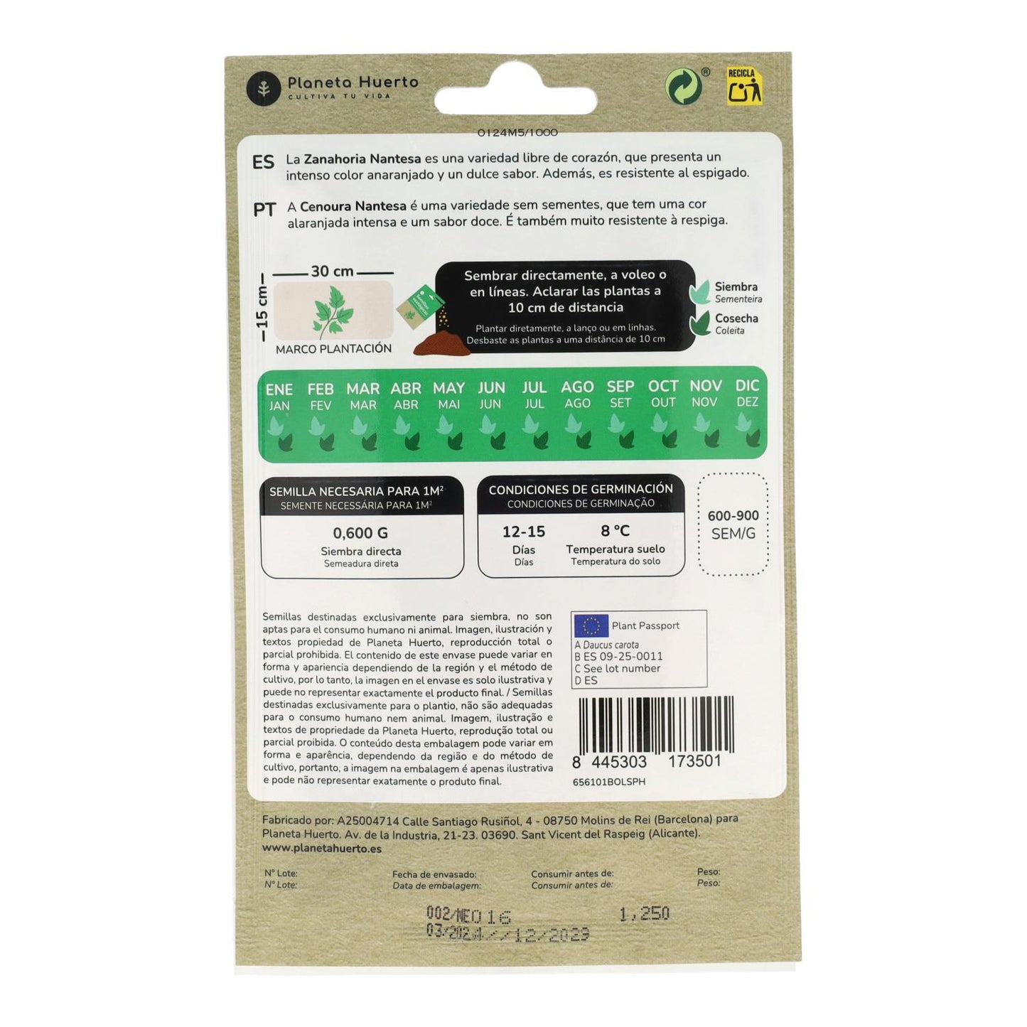 Sementes de cenoura biológicas Nantes da Planeta Huerto