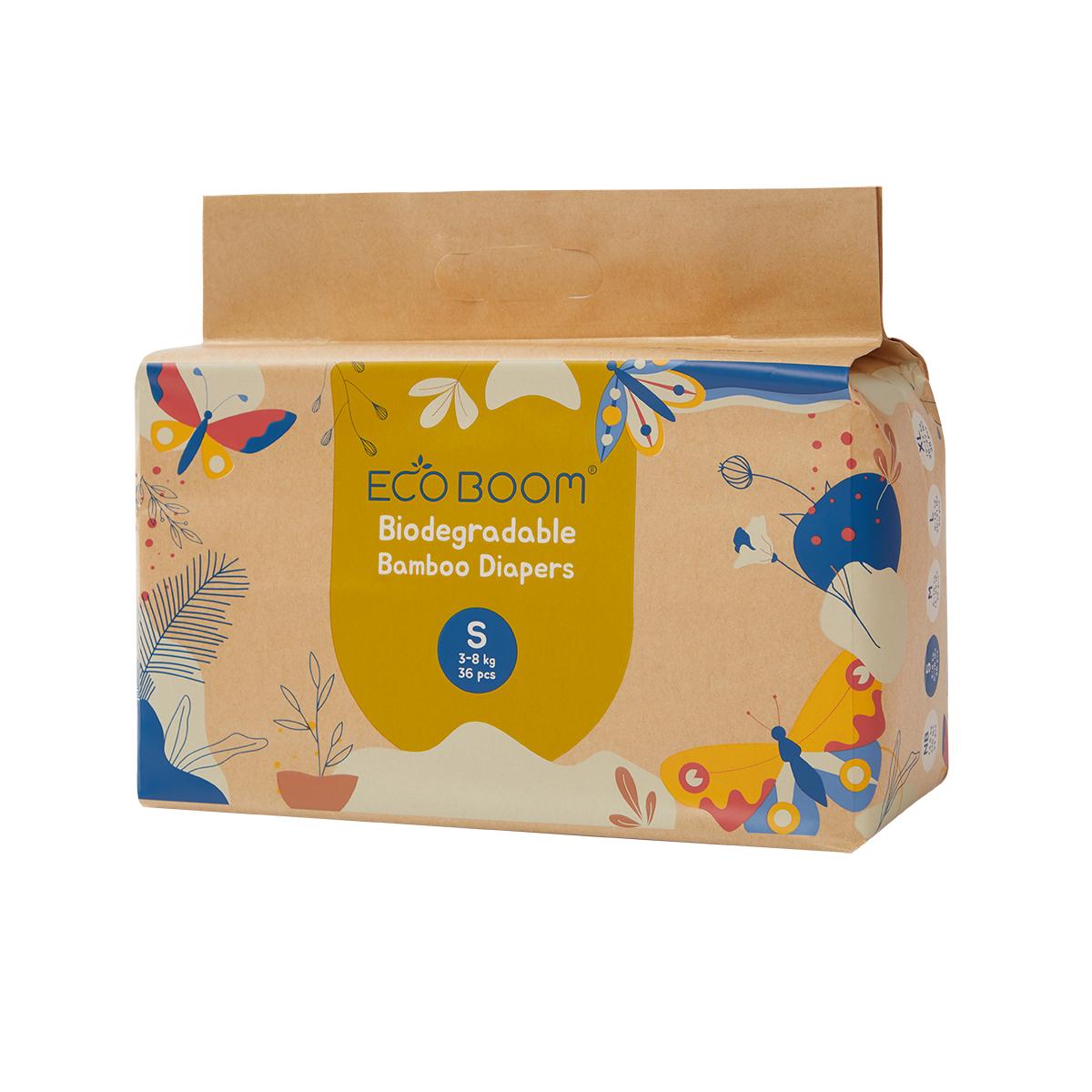ECOBOOM - Fralda de Bambu Eco Boom. 70% biodegradável, hipoalergénica (tamanho 2/P, 3-8 kg, embalagem de 4 saquetas, total de 144 fraldas)