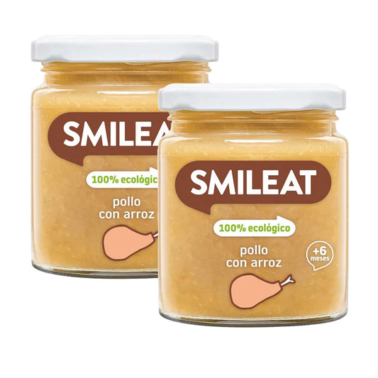 Embalagem de 2 frascos de frango e arroz biológico Smileat +6 meses, 230g