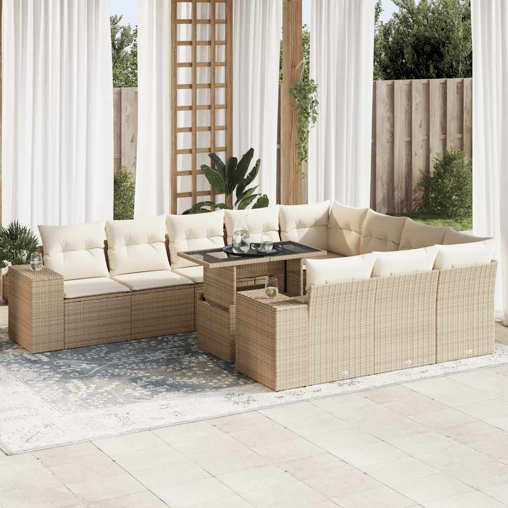 Set De Sofás De Jardín 11pzas Con Cojines Ratán Sintético Beige / Vetonek_5