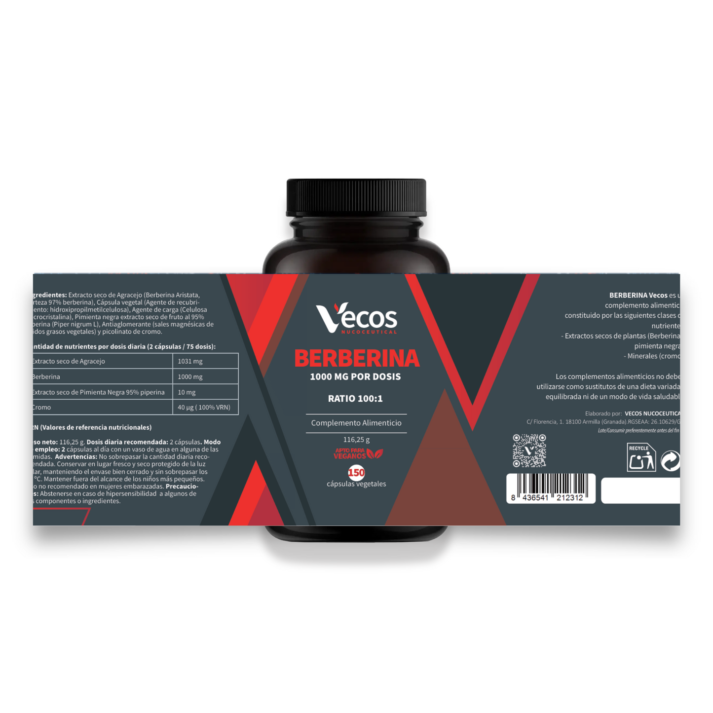 Berberina 1000 mg 100:1 VECOS (150 cápsulas) | Control de glucosa y metabolismo | Con Cromo y Piperina 95%_4