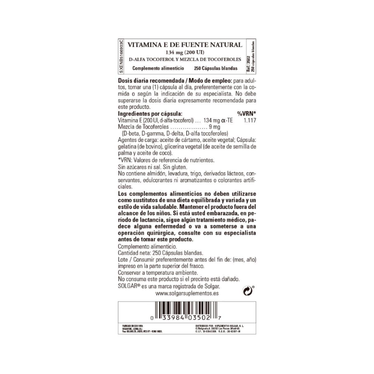 Vitamina E 200UI 134mg 250 cápsulas