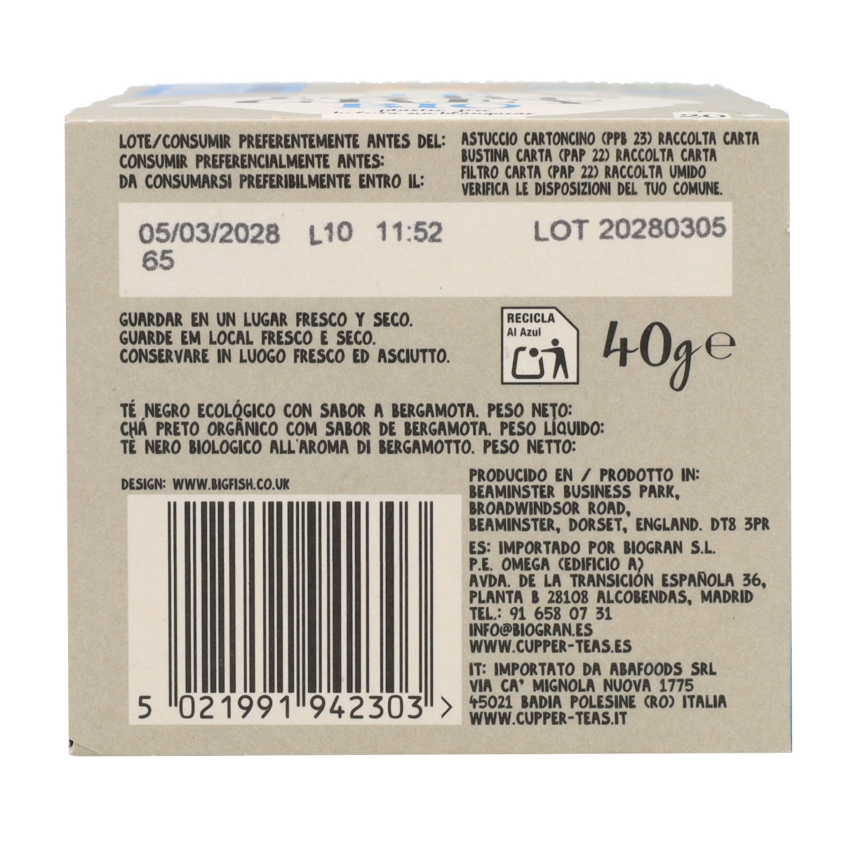 Chá preto Earl Grey Bio Cupper 20 saquetas