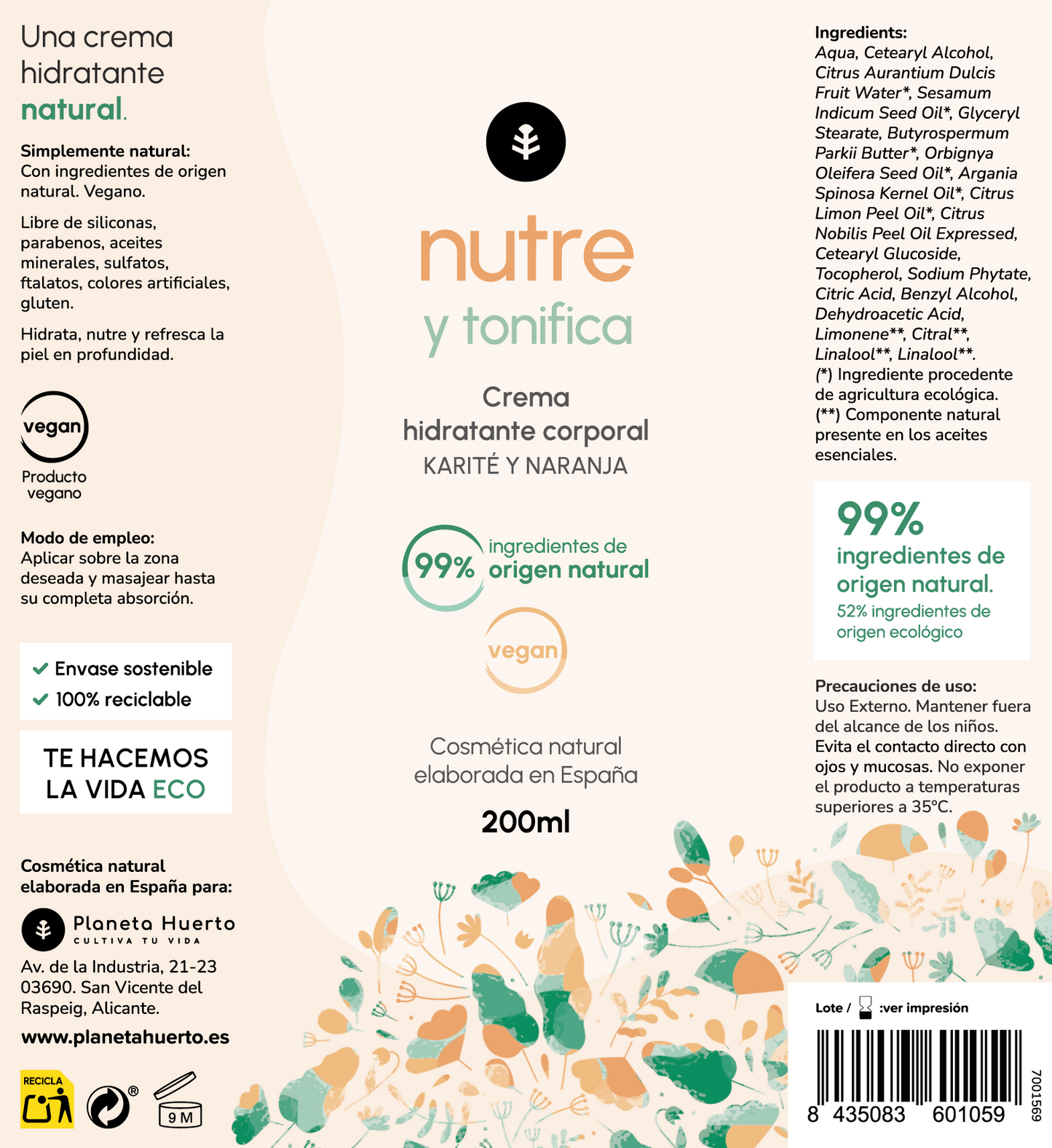 Planeta Huerto Karité e Laranja Creme Hidratante Corporal 200 ml