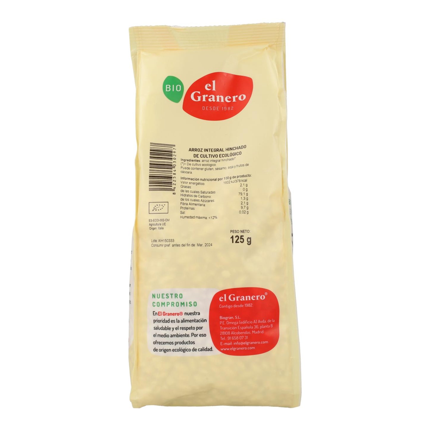 Arroz integral tufado biológico El Granero, 125 g