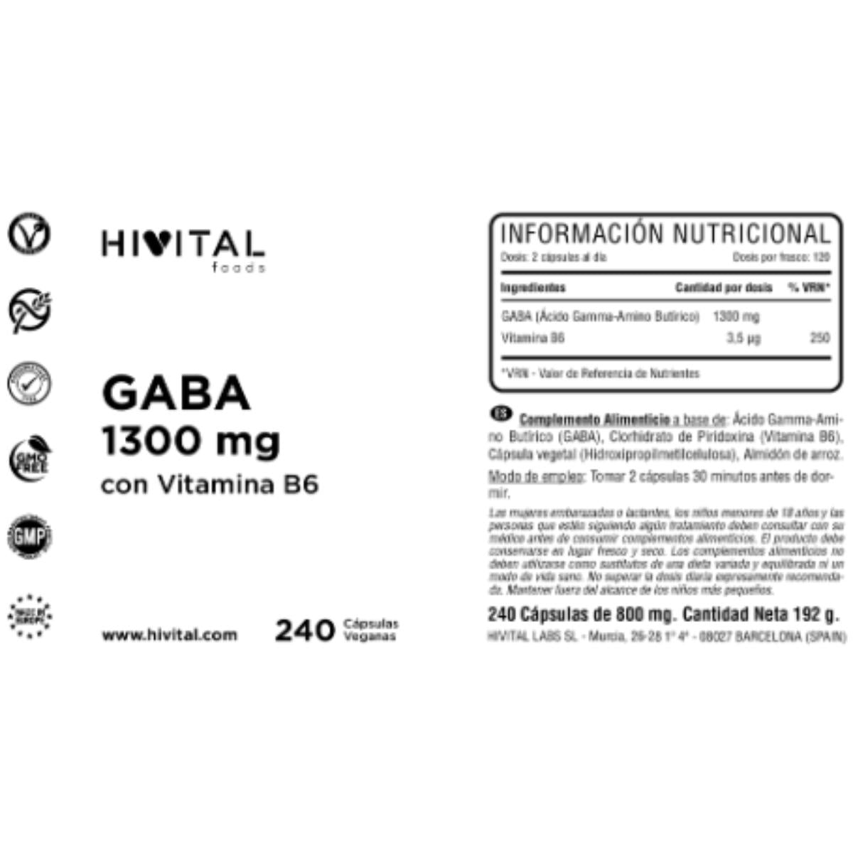 Gaba 1300 mg 240 cápsulas vegan Hivital