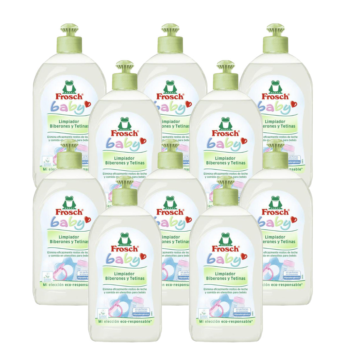 Embalagem de 10 produtos de limpeza de biberões e tetinas Frosch Baby 500 ml