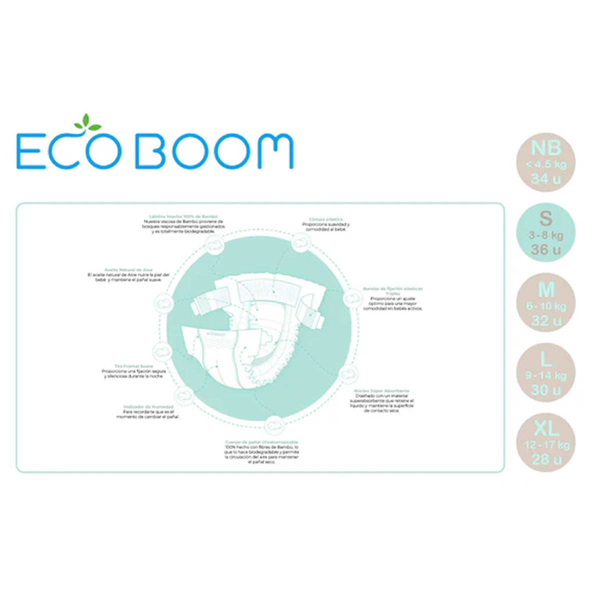 Fralda de Bambu Pure Premium ECO BOOM T2/S (3 a 8 kg) 36 unidades