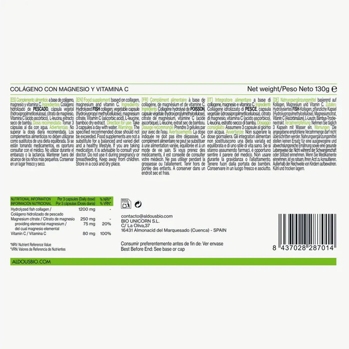 Colagénio Hidrolisado Puro com Magnésio e Vitamina C Aldous 200 Cápsulas
