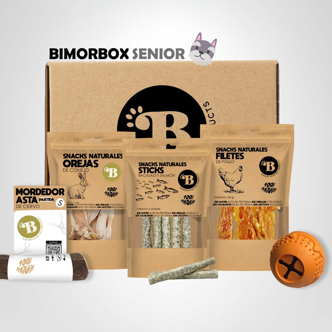 Bimorbox Perros Senior Pequeños – Pack Ahorro Con Pelota, Mordedor De Asta De Ciervo Y Snacks Sin Aditivos