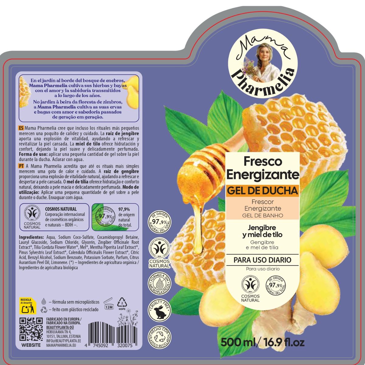 Gel de Ducha Energizante con Jengibre Y Miel de Tilo, Mama Pharmelia, 500ml