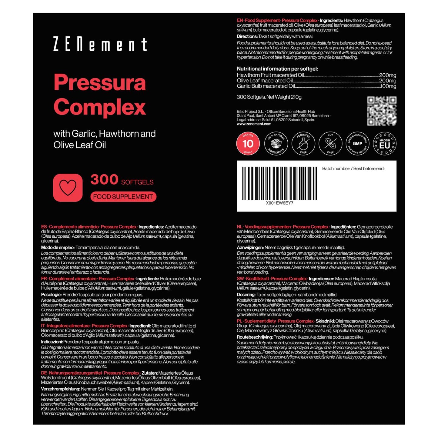 Complexo Pressura, com óleo de alho, espinheiro e folhas de oliveira Zenement, 300 comprimidos