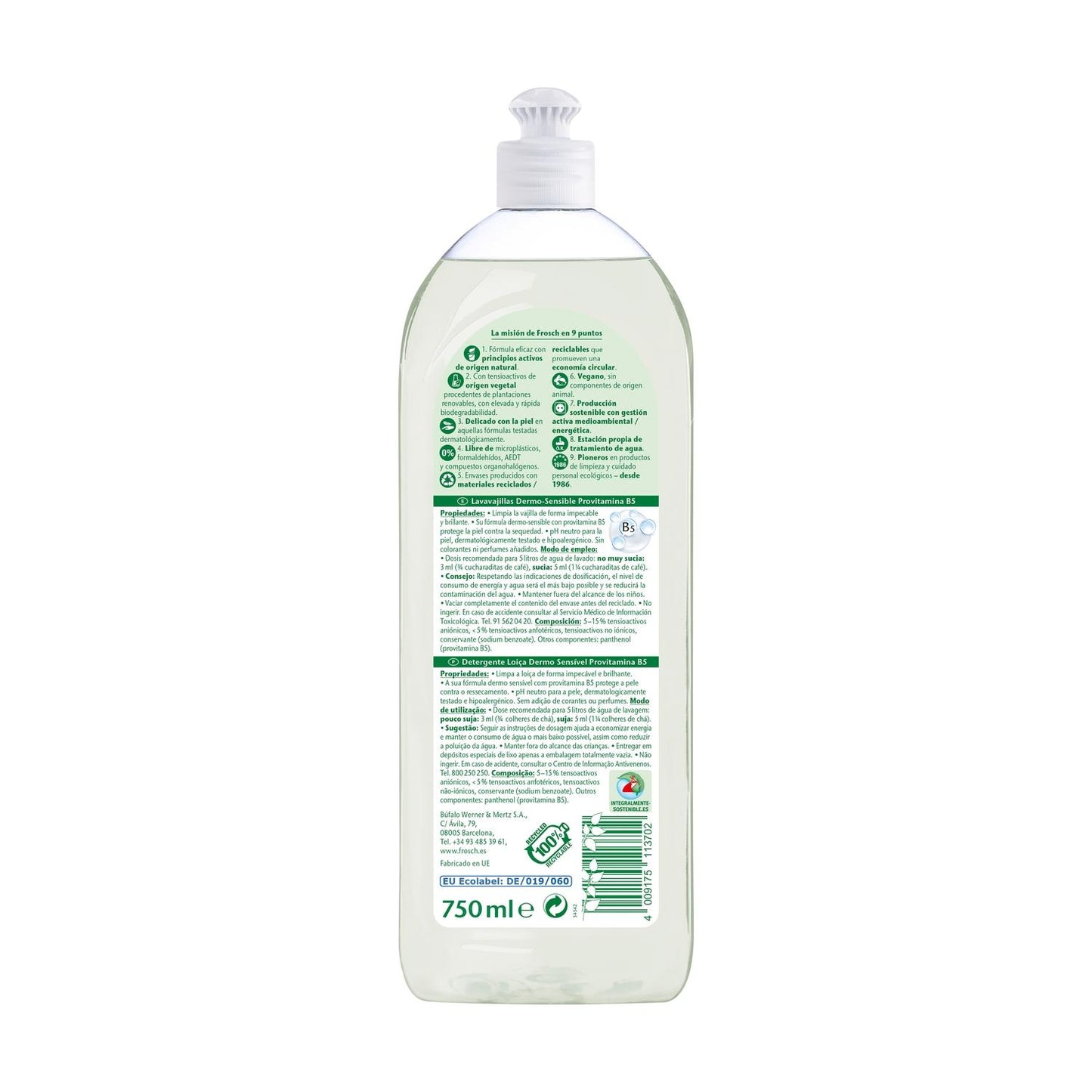 Embalagem de 10 detergentes hipoalergénicos para máquina de lavar louça Frosch 750 ml
