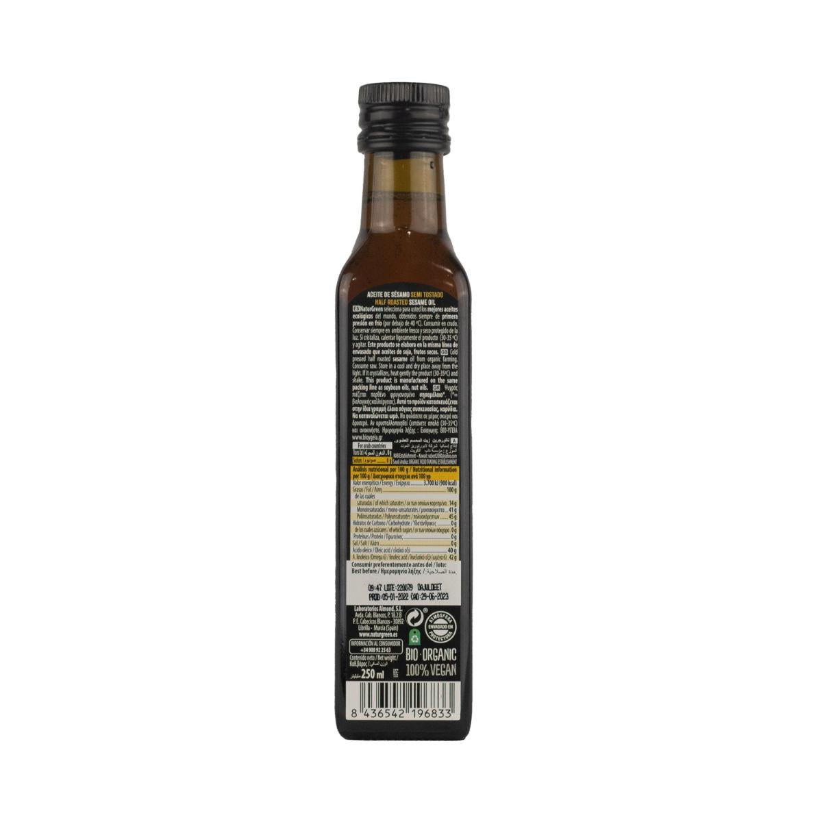 Óleo de sésamo semi-torrado biológico NaturGreen 250 ml.