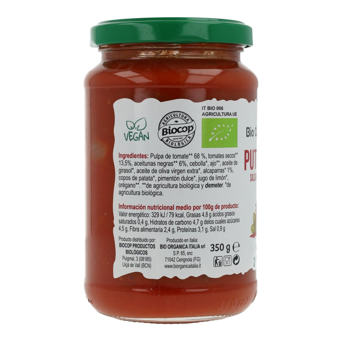 Molho de tomate biológico Puttanesca com azeitonas e alcaparras Demeter Organica Italia 325 ml