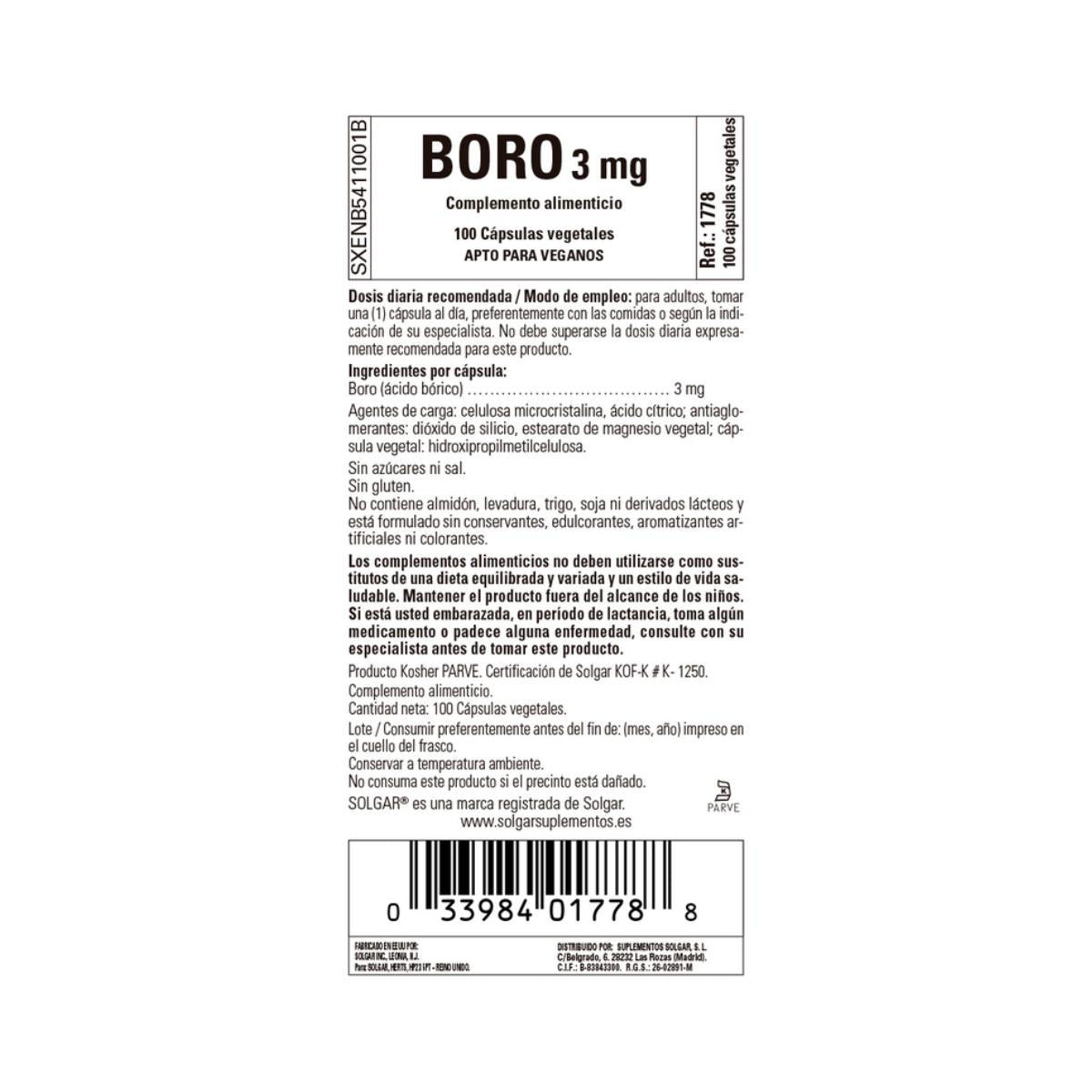 Boro 3 mg 100 Cápsulas Vegetais Solgar