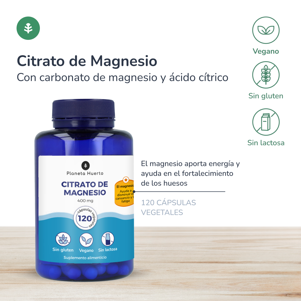Embalagem de 2x Citrato de Magnésio Planeta Huerto 120 Cápsulas
