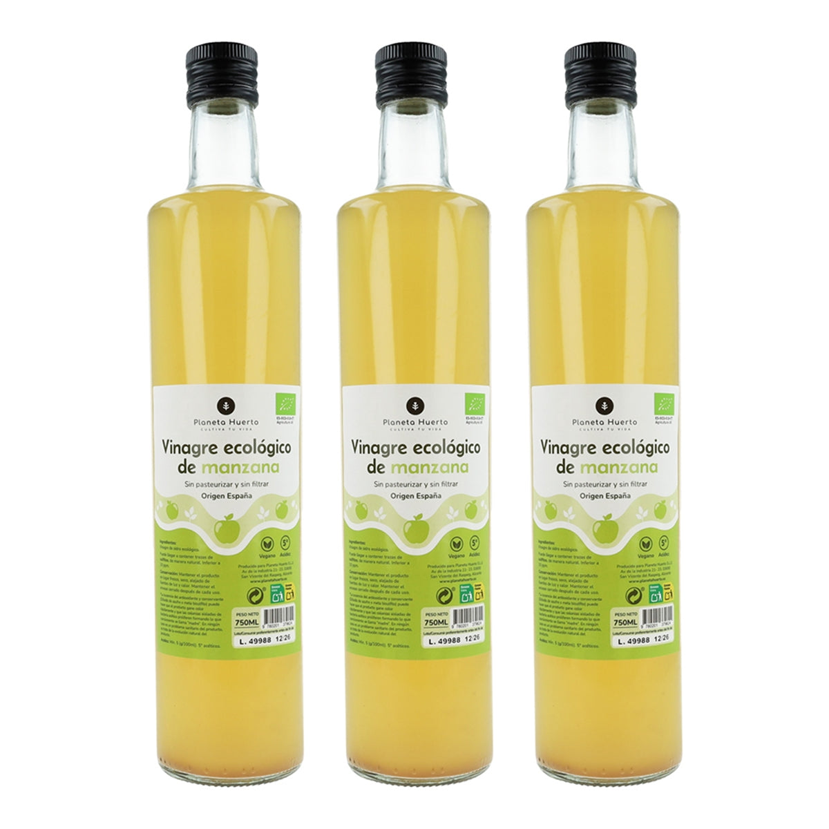 Embalagem de 3 vinagres de maçã biológicos não filtrados da Planeta Huerto, 750 ml.