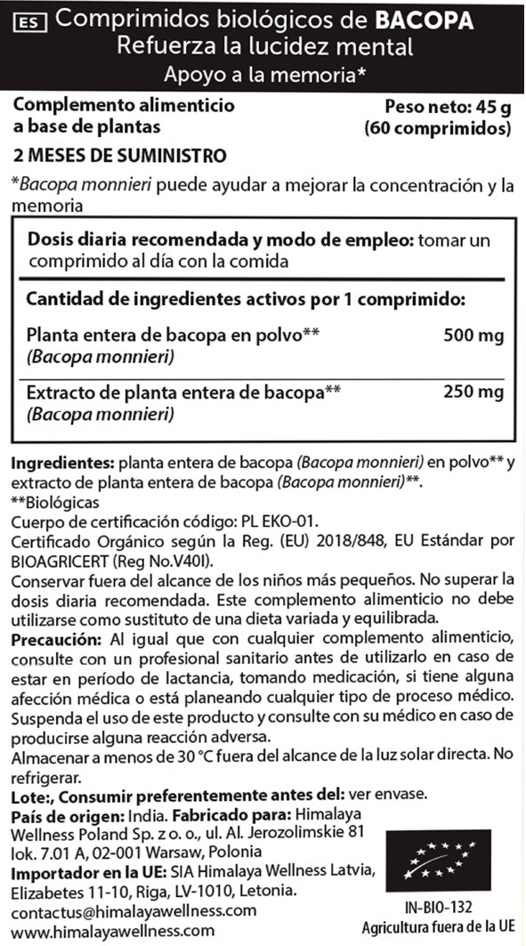 Bacopa Biológica, Himalaias, 60 cápsulas