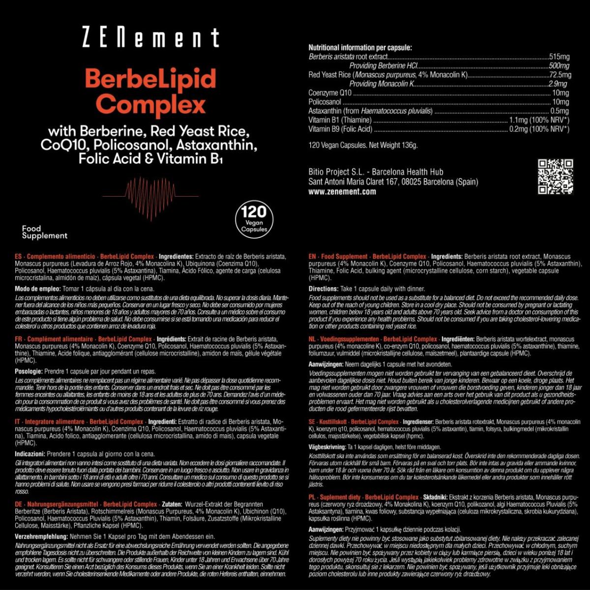 Complexo DrinkLipid com berberina, arroz vermelho fermentado, policosanol, Q10, astaxantina, ácido fólico e vitamina B1 Zenement, 120 comprimidos