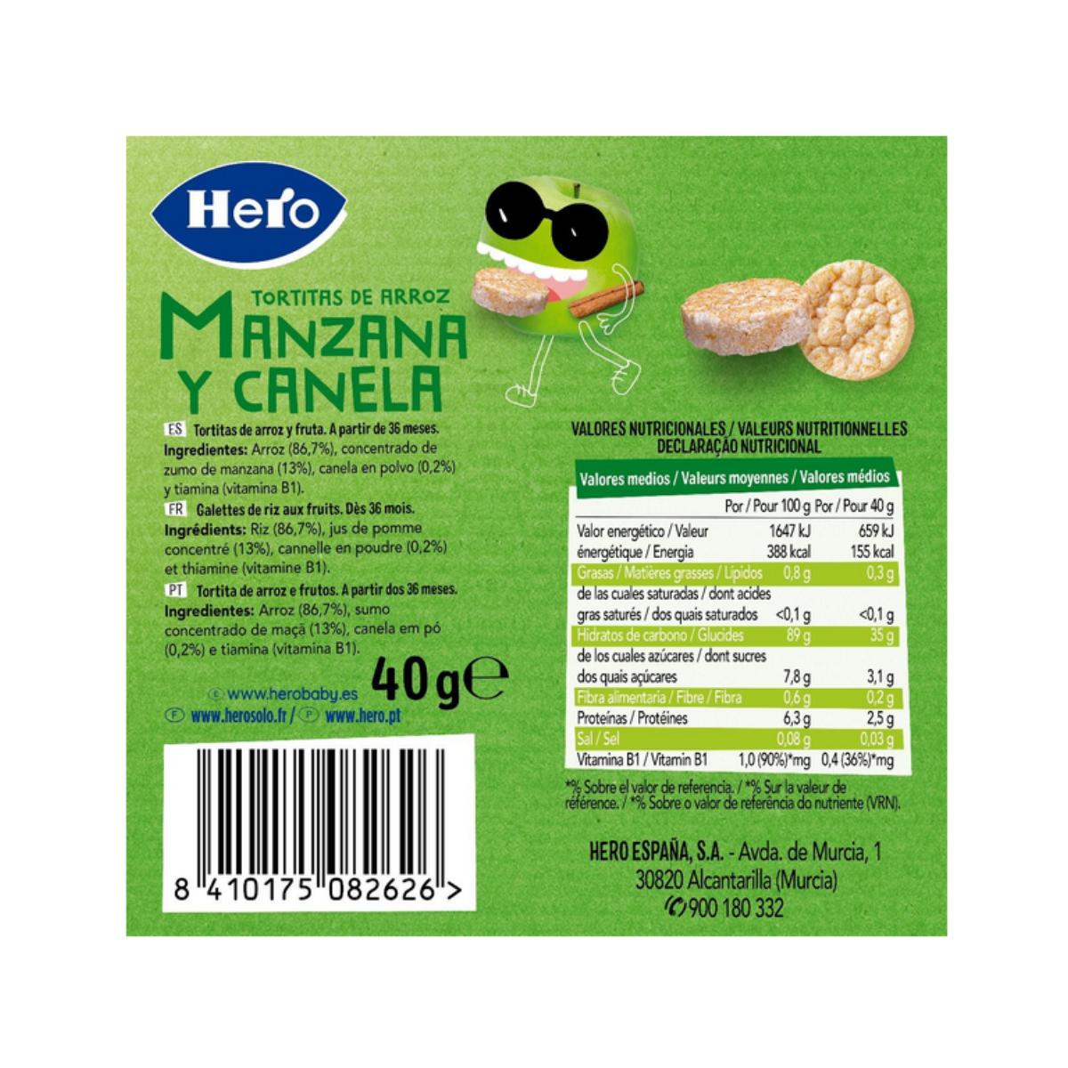 Pack de 7 bolinhos de arroz sem glúten com maçã e canela, 40 g - Hero/Kids