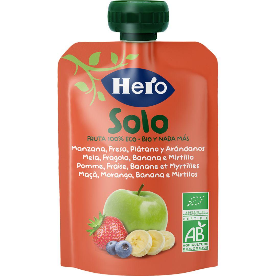 Saco de Fruta 100% Biológico Sabor Maçã, Morango, Banana e Mirtilo 4x100 g - Hero Solo