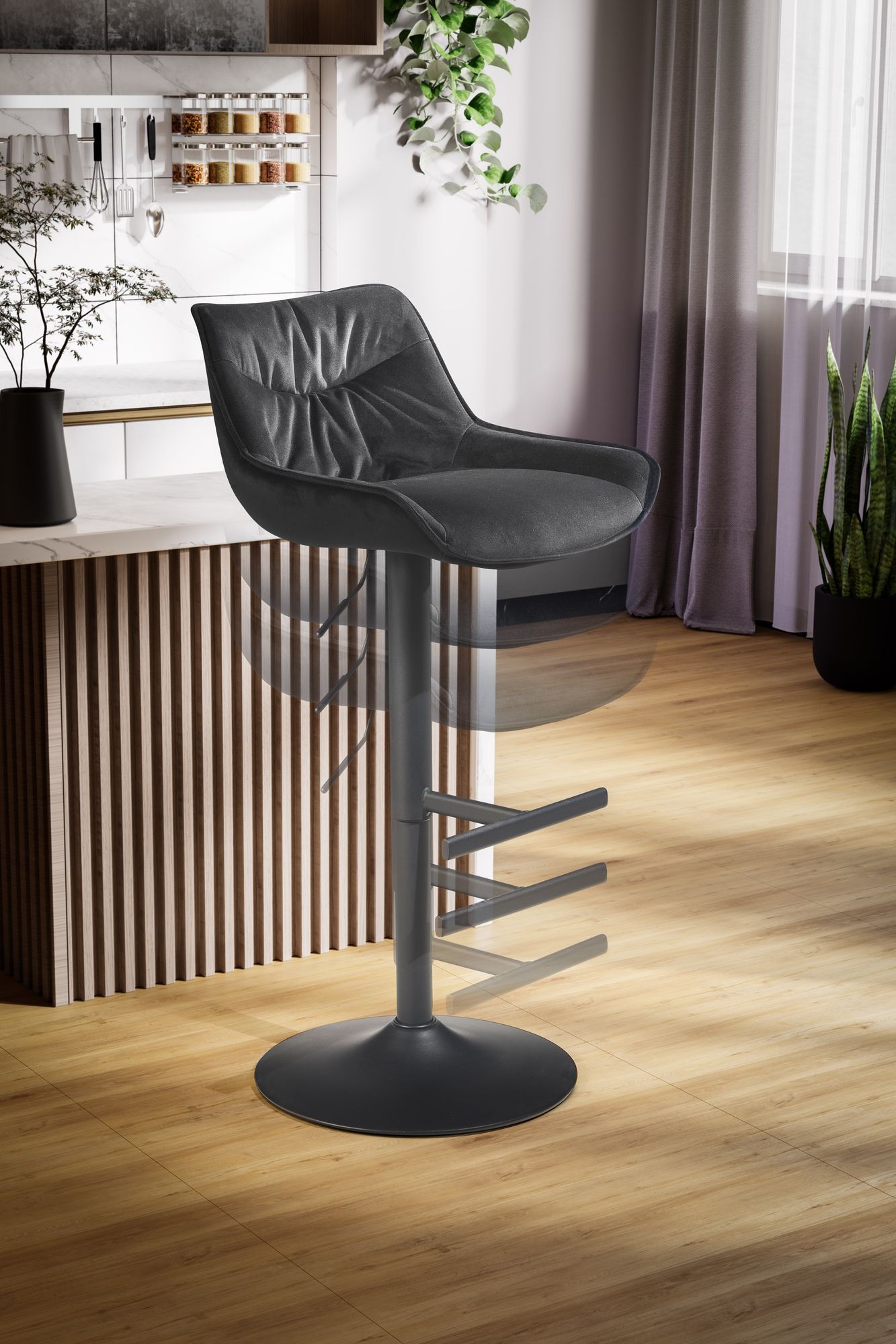 Taburete De Bar Terciopelo Negro Con Respaldo 86 - 106 Cm_4