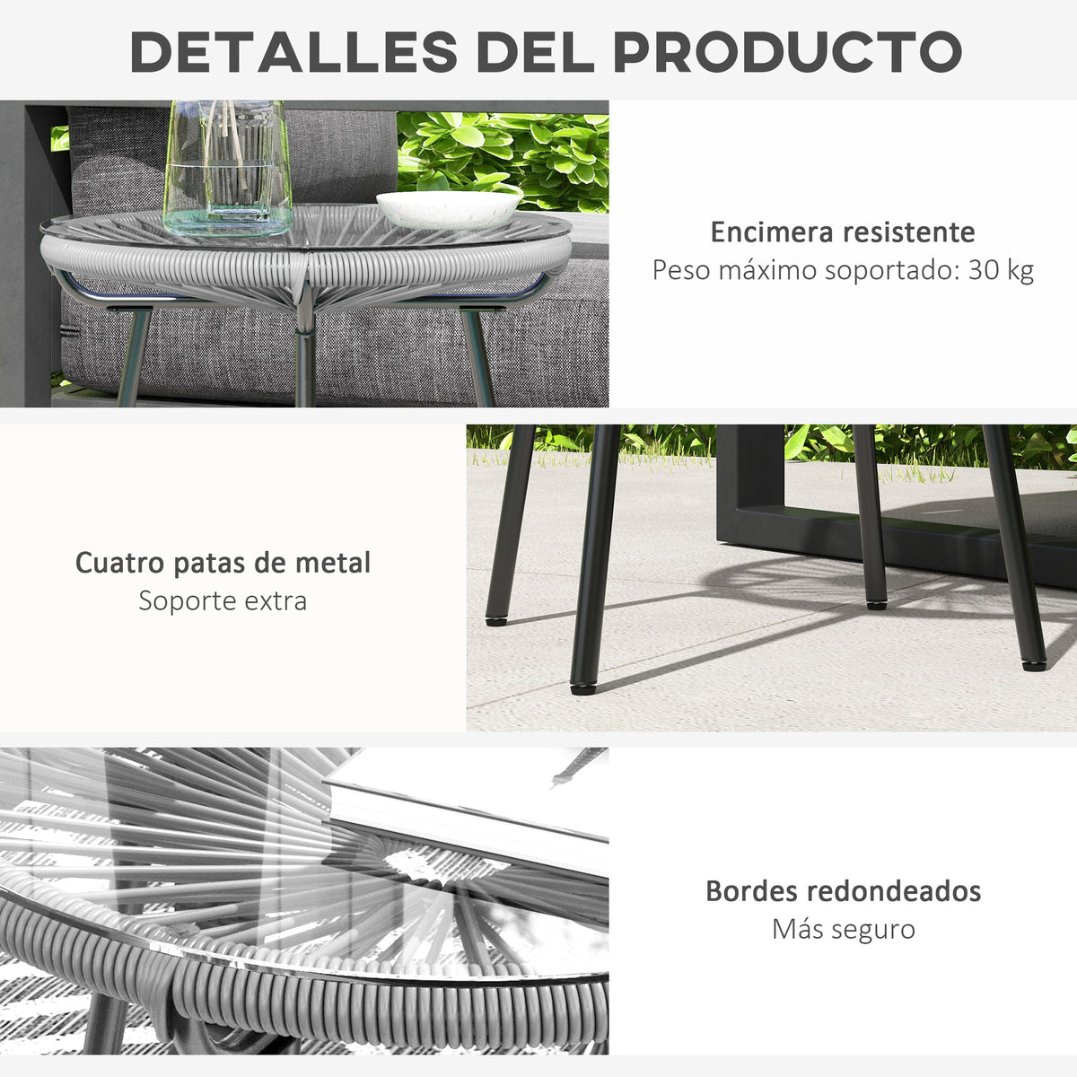 Mesa De Ratán Outsunny Ratán De Pe, Vidrio Templado Gris 50x50x50 Cm_5